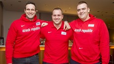 Koula�i (zleva) Jan Marcell, Tomá� Stan�k a Ladislav Prá�il na srazu �eského...