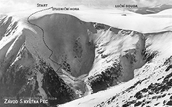 Trasa závodu ze Studniní hory do Obího dolu. Pvodní pohlednice z 30.let...