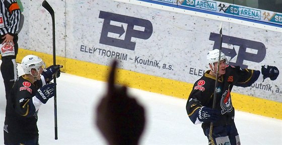 Chomutovtí hokejisté slaví branku v utkání s Jihlavou.