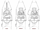 Schéma ilustrující úpravy jednomístné lod Vostok na tímístný Voschod...
