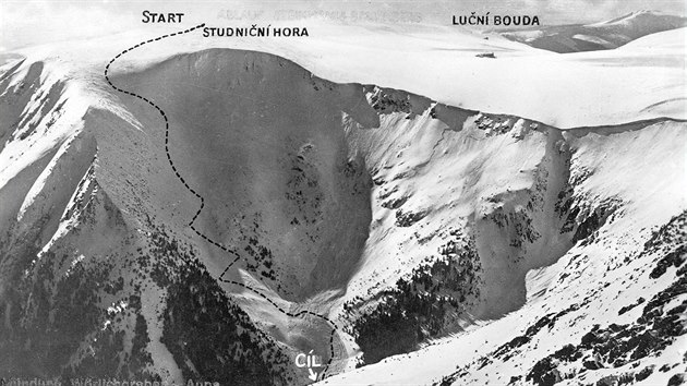 Trasa závodu ze Studniční hory do Obřího dolu. Původní pohlednice z 30.let upravená v roce 1946  pro první poválečný  ročník.