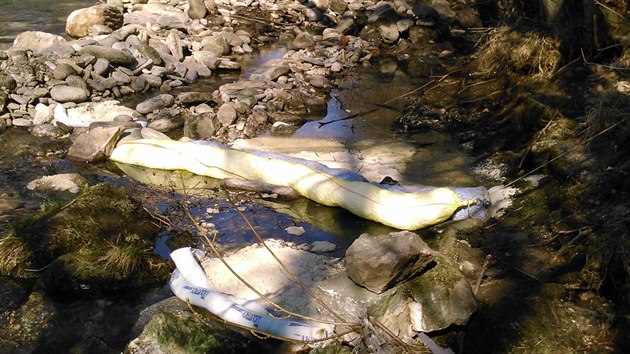 Hasiči zachytávají ropné látky na řece Úpě ve Svobodě nad Úpou.