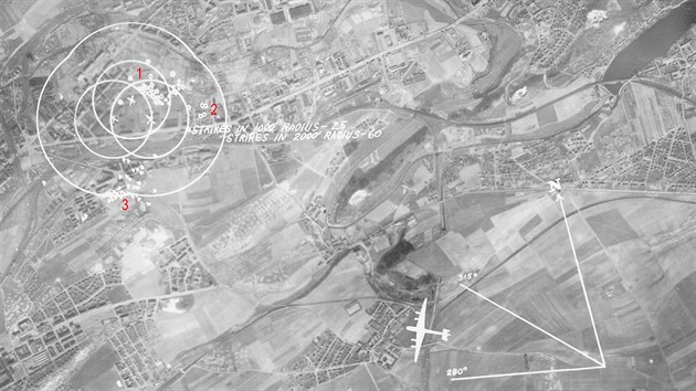 Místa dopadů pum shozených letouny z 455. bombardovací skupiny. Libeňská část ČKD včetně Pragy (1), domy mezi dnešními ulicemi Na Harfě a Klečákova (2), okolí Vysočanského náměstí (3)