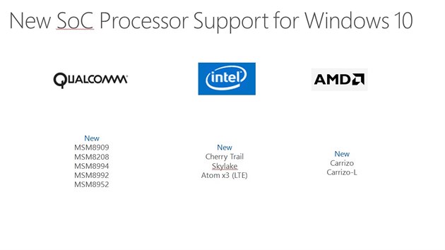 Seznam procesorů, které bude Windows 10 nově podporovat.