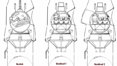Schéma ilustrující úpravy jednomístné lodě Vostok na třímístný Voschod...