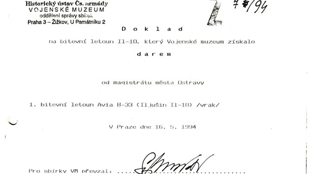 Doklad o darování ostravského Il-10 leteckému muzeu.