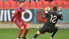 �eský úto�ník Tomá� P�ikryl se sna�í p�ekonat portugalského branká�e Daniel...