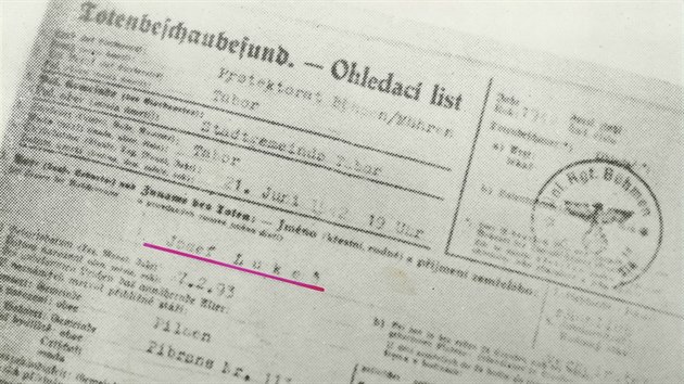 Ohledac list - dokument o poprav J. Lukee 21. ervna 1942 v 19 hodin