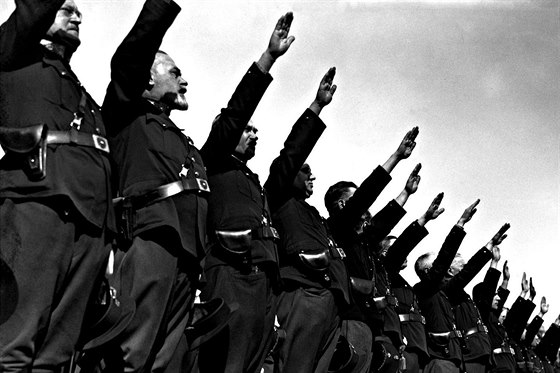 Muži z rakouských jednotek zdraví Hitlera při jeho příjezdu do Vídně.