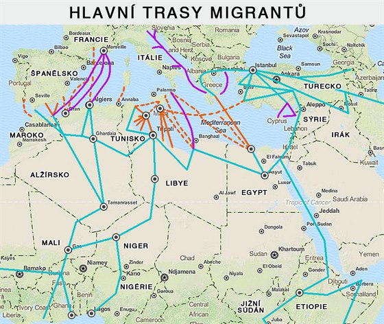 Hlavní trasy migrantů do Evropy