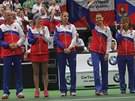 PEDSTAVOVAKA. eský tým ped druhým dnem semifinále Fed Cupu.