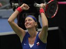 Petra Kvitová se raduje z rozhodujícího tetího bodu v semifinále Fed Cupu s...