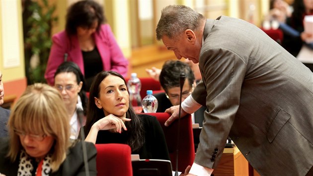 Prat opozin zastupitel se pokou na mimodnm jednn praskho zastupitelstva odvolat primtorku Adrianu Krnovou. (14. dubna 2015)