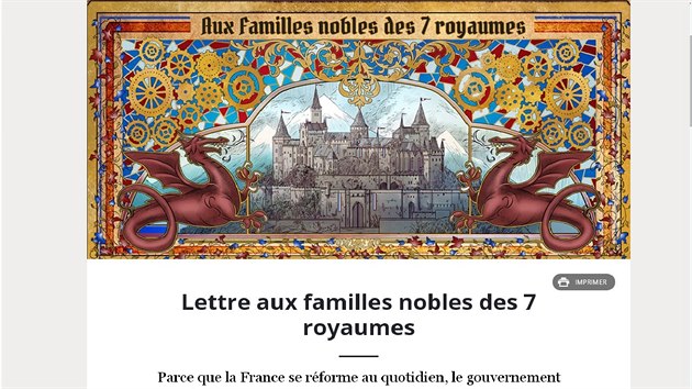 Dopis sedmi krlovstvm na strnkch francouzsk vldy, kter takto naskoila na vlnu popularity serilu Hra o trny. (13. dubna 2015)