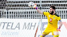 Hradecký branká� Tomá� Koubek likviduje penaltu.