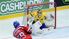 eský hokejista Luká Radil prostelil védského brankáe Joela Lassinanttiho.