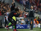 Josep Guardiola, trenér Bayernu (vpravo) a náhradník Dante se radují bhem...