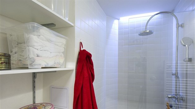 V koupeln vznikl sprchov kout oddlen od dalho prostoru sklennou pkou. Pibyla i nika pro praku a ukldn isticch prostedk.