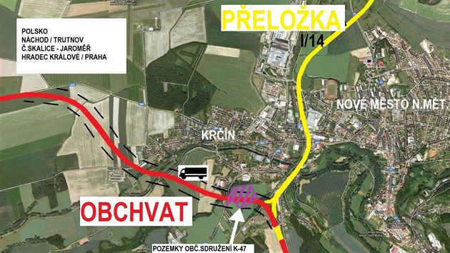 Autoi petice Za obchvat Novho Msta nad Metuj navrhli, e by se nemla stavt pipravovan peloka I/14 od Sp smrem na Vrchoviny, ale jin obchvat msta od Sp smrem na Nahoany.