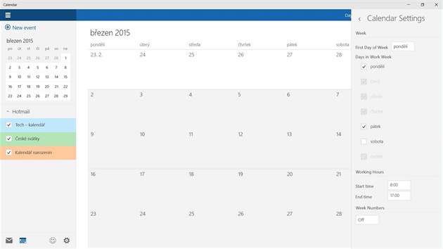 Ukzka nastaven upraven kalendov aplikace v dubnovm sestaven Windows 10.