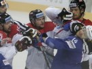 Francouzský hokejista Stephane Da Costa elí pi potyce rakouské pesile....