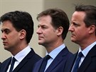 Ed Miliband, Nick Clegg a David Cameron (8. kvtna 2015).