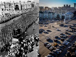 Nmetí válení zajatci pochodují kolem vlakového Bloruského nádraí v Moskv...