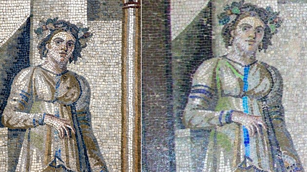 Ponien msk mozaika (vlevo ped zsahem restaurtor) z Archeologickho muzea v jihotureckm mst Hatay.
