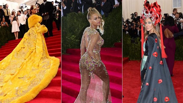 Rihanna, Beyoncé a Sarah Jessica Parkerová na MET Gala (New York, 4. kvtna...