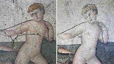 Poni�ená �ímská mozaika (vlevo p�ed zásahem restaurátor�) z Archeologického...