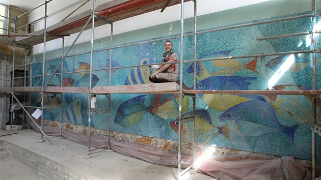 Mozaiku u dtskho baznu v steck plaveck hale opravila restaurtorka Magdalena Krack torknov a jej tm.