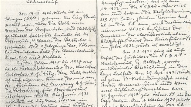Eichmannův rukopis. Souhrn (Lebenslauf) přiložený k jeho povýšení v roce 1937.