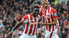 Fotbalisté Stoke oslavují jeden ze esti gól do sít Liverpoolu.