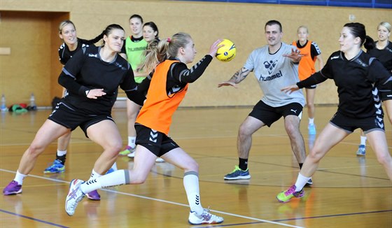 Trénink eských házenkáek ped play-off o postup na mistrovství svta.