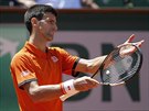 Srbský tenista Novak Djokovi máchá rukama nad svou chybou v semifinále Roland...