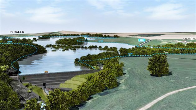 Budoucí přehradní nádrž u Kutřína v případě jejího naplnění podle animace investora.