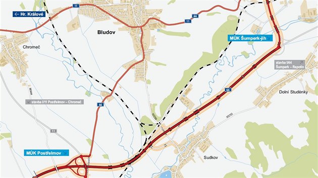 Mapa plánovaného úseku silnice I/44 tvo�ícího obchvat Bludova.