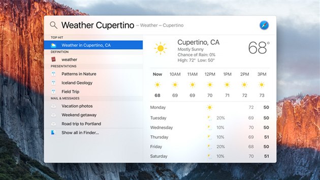 Desktopové vyhledávání Spotlight v OS X El Capitan zvládá práci s více zdroji. Apple zapracoval na lepším rozpoznávání významu otázky.