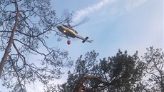 Požár v nepřístupném terénu pomáhaly zdolat dva vrtulníky.