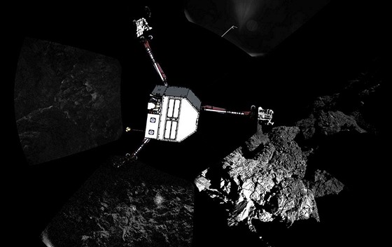 Upravený „panoramatický“ snímek okolí sondy Philae s vloženým obrázkem sondy...