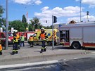 Nehoda autobusu a nákladního auta na kiovatce v Brn-Komárov.