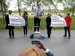 A Christian speaker stands on a stepladder at Speakers' Corner in Hyde Park,...