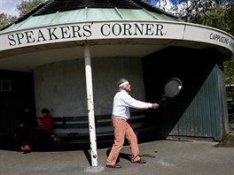 A man uses a tennis racket at Speakers' Corner in Hyde Park, London, Britain...