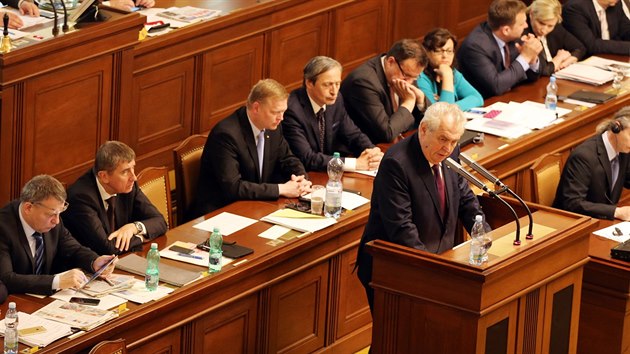 Prezident Milo Zeman pi svm projevu v Poslaneck snmovn. (19. ervna 2015)