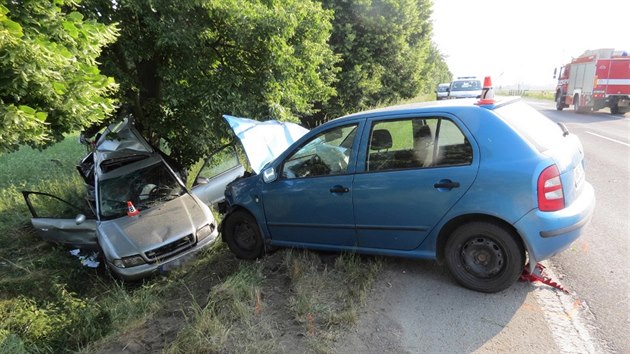 Snímek z nehody Audi A4 a fabie mezi Zábřehem a Postřelmovem na Šumpersku. Na začátku byl smyk, který vůz audi dostal při předjíždění autobusu. (12. června 2015)