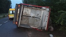 Havárie kamionu s prasaty u Valtrovic na Znojemsku (14. ervna 2015).