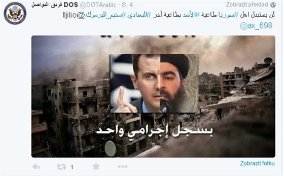 Tweet amerického ministerstva zahraničí porovnávající Bašára Asada s abú Bakrem...