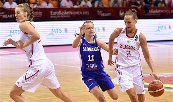 Ruská basketbalistka Jelena Kirillovová (vpravo) uniká slovenské reprezentantce...