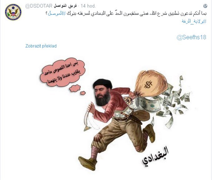 Tweet amerického ministerstva zahrani�í, který se ptá, kdy bude al-Bagdádí...