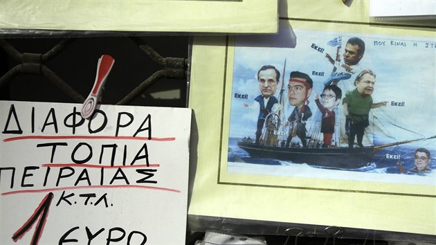 Karikatura zobrazuje eck politiky v ele s premirem Alexisem Tsiprasem pevleen za pirty. eck parlament v sobotu odhlasoval referendum o pijet nvrh evropskch vitel (28. ervna 2015).